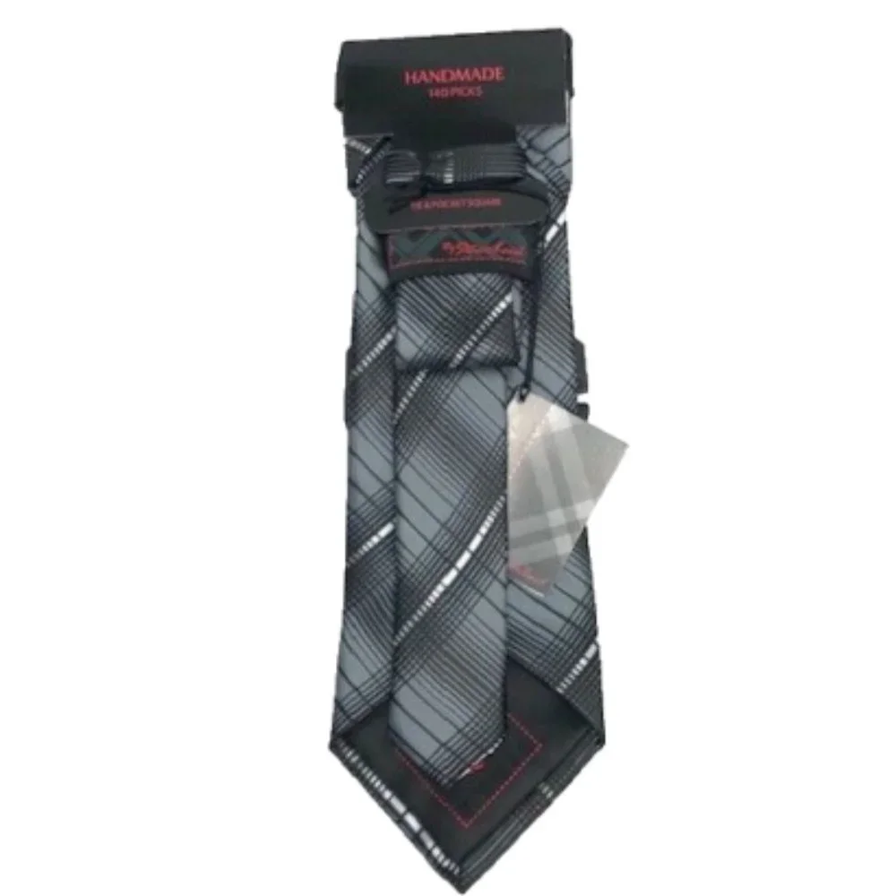 Steven Land Men's Tie & Hanky Black Charcoal Gray Silver Hi-Density 3.5